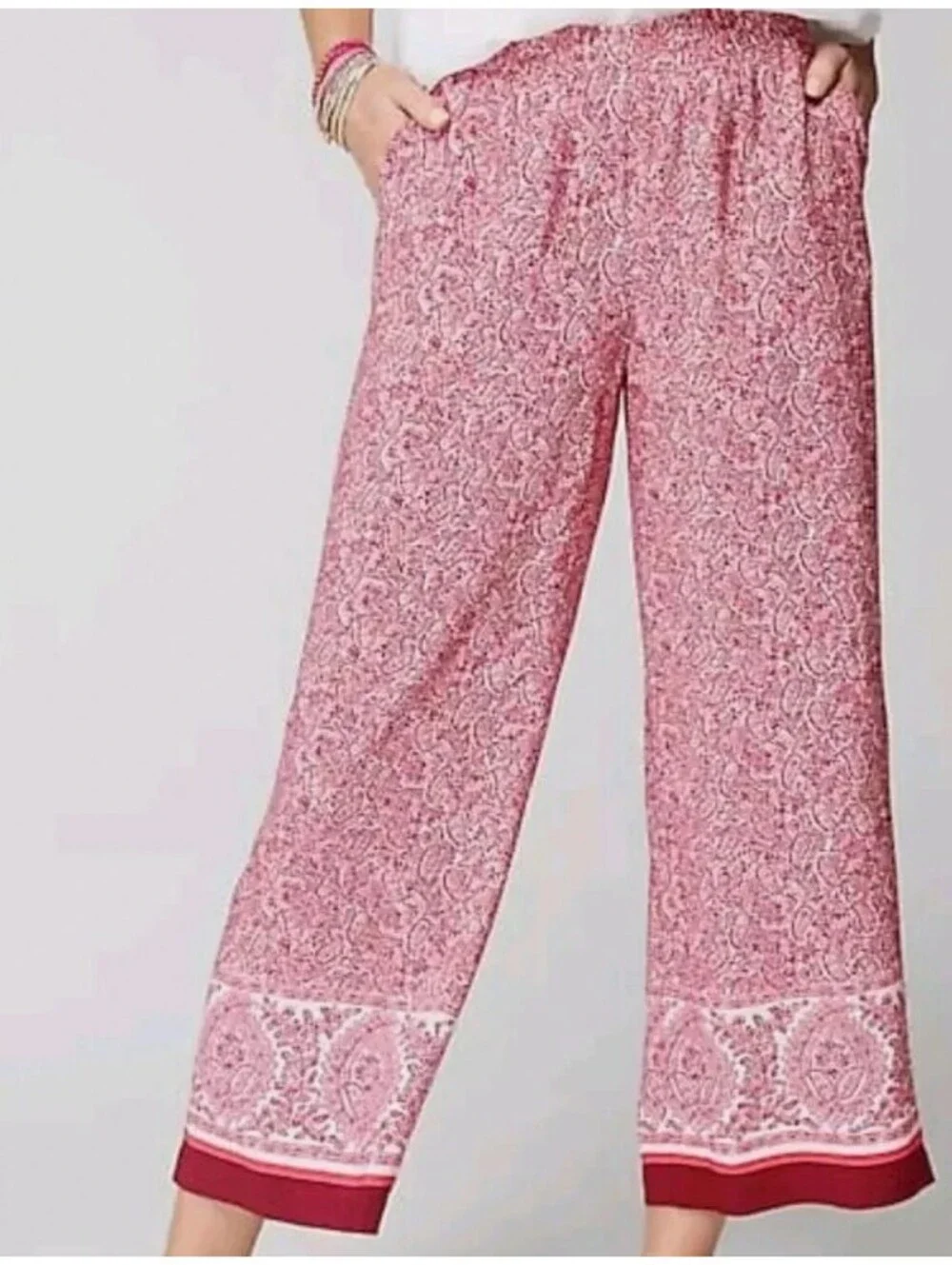 J.Jill Pink Paisley Wide Leg Pants Women’s Medium Pull-On Flowy Boho Lightweight